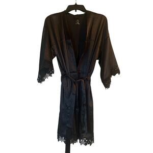 NWOT AW Bridal Black Bride's Robe Silky Feel Lace Trim Belt Size Small